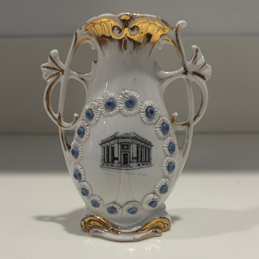 Vintage Decorative Porcelain Bud Vase - Citizens National Bank 24k Gold Accents